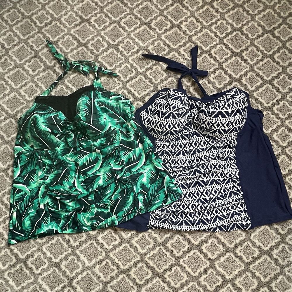 Bundle (2) TROPICAL ESCAPE  Tankini Bathing Suit Strappy Blue Green Vacation‎ 18
